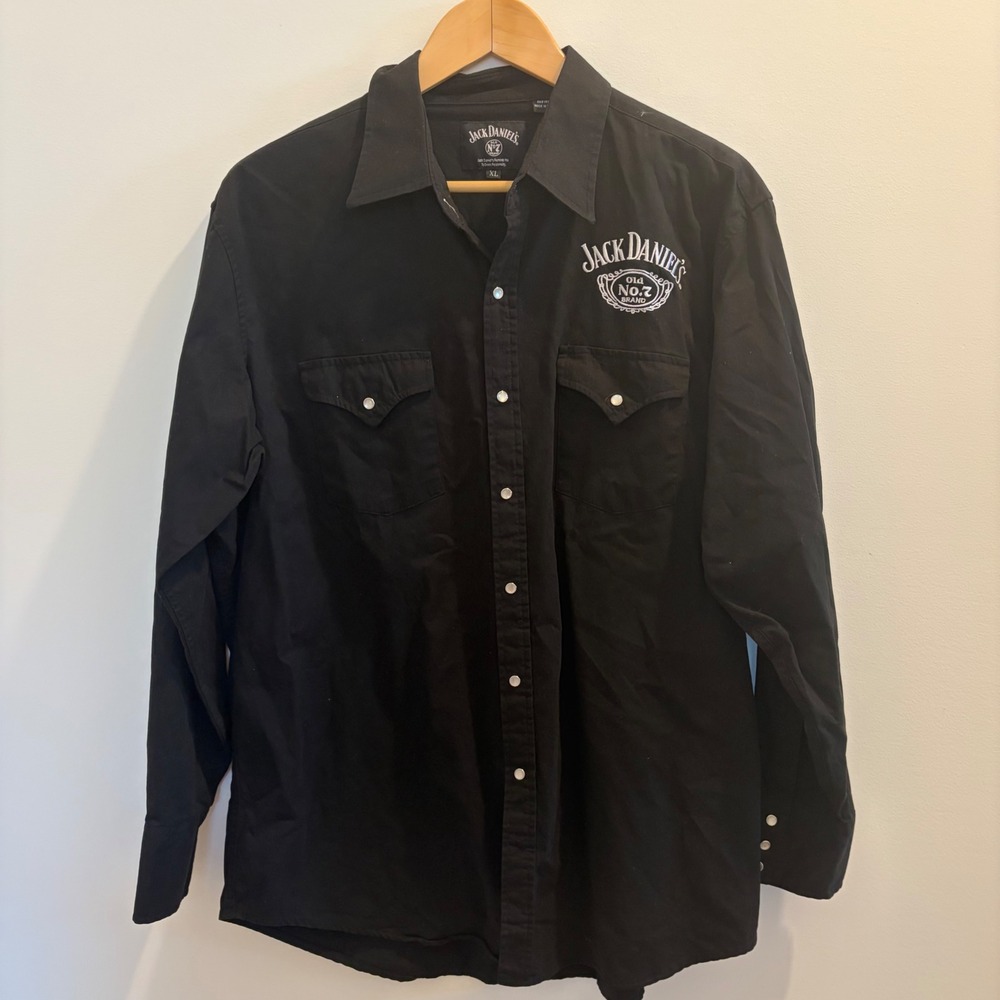 Jack Daniels Mens XL Black Western Pearl Snap Embroidered Long Sleeve Shirt